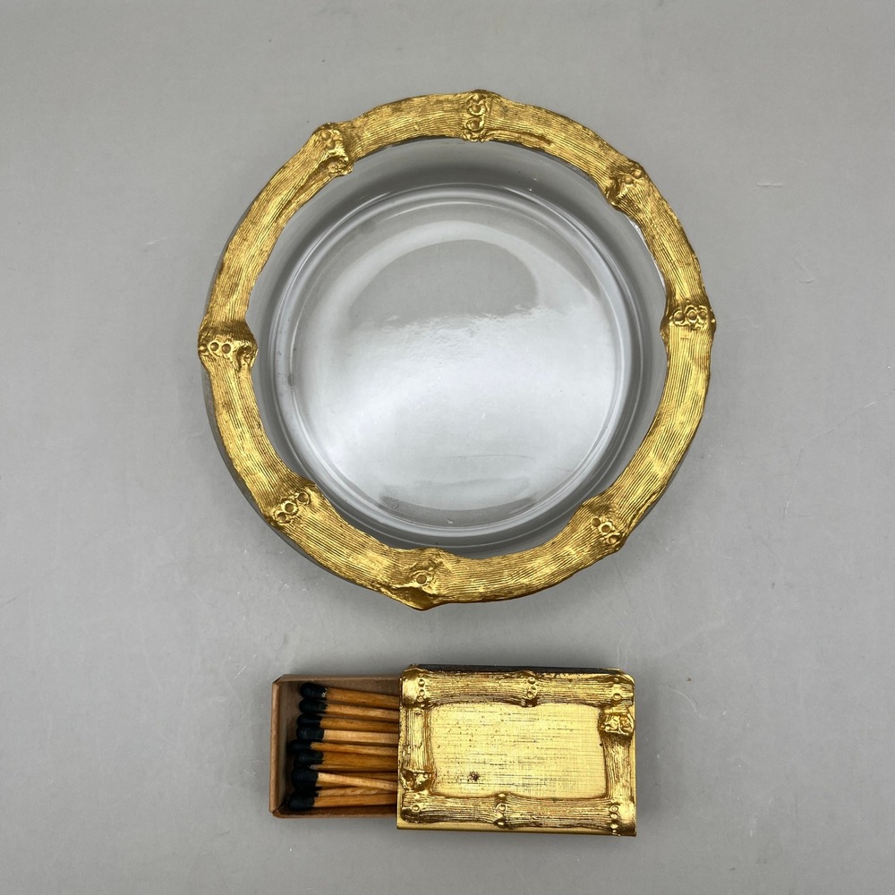 Vtg 1950s Gold Faux Bamboo Glass Ashtray Matchbox Set Hollywood Regency Matches - Picture 2 of 4